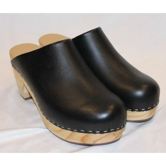 Nisolo Leather‎ Closed Toe Slip On Wooden All Day Mule Heeled Clogs BLACK - Picture 4 of 6